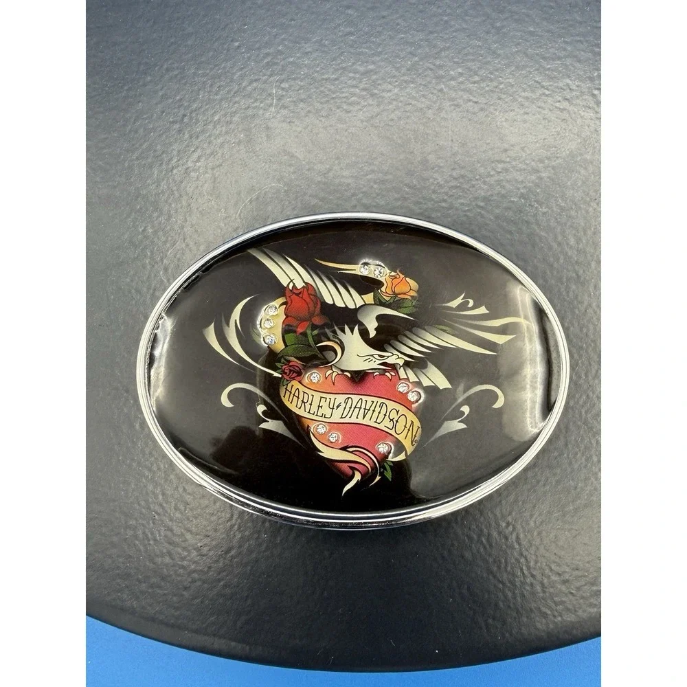 Harley Davidson Tattoo-Style Rhinestone Womens Black Rose Eagle Belt Buckle